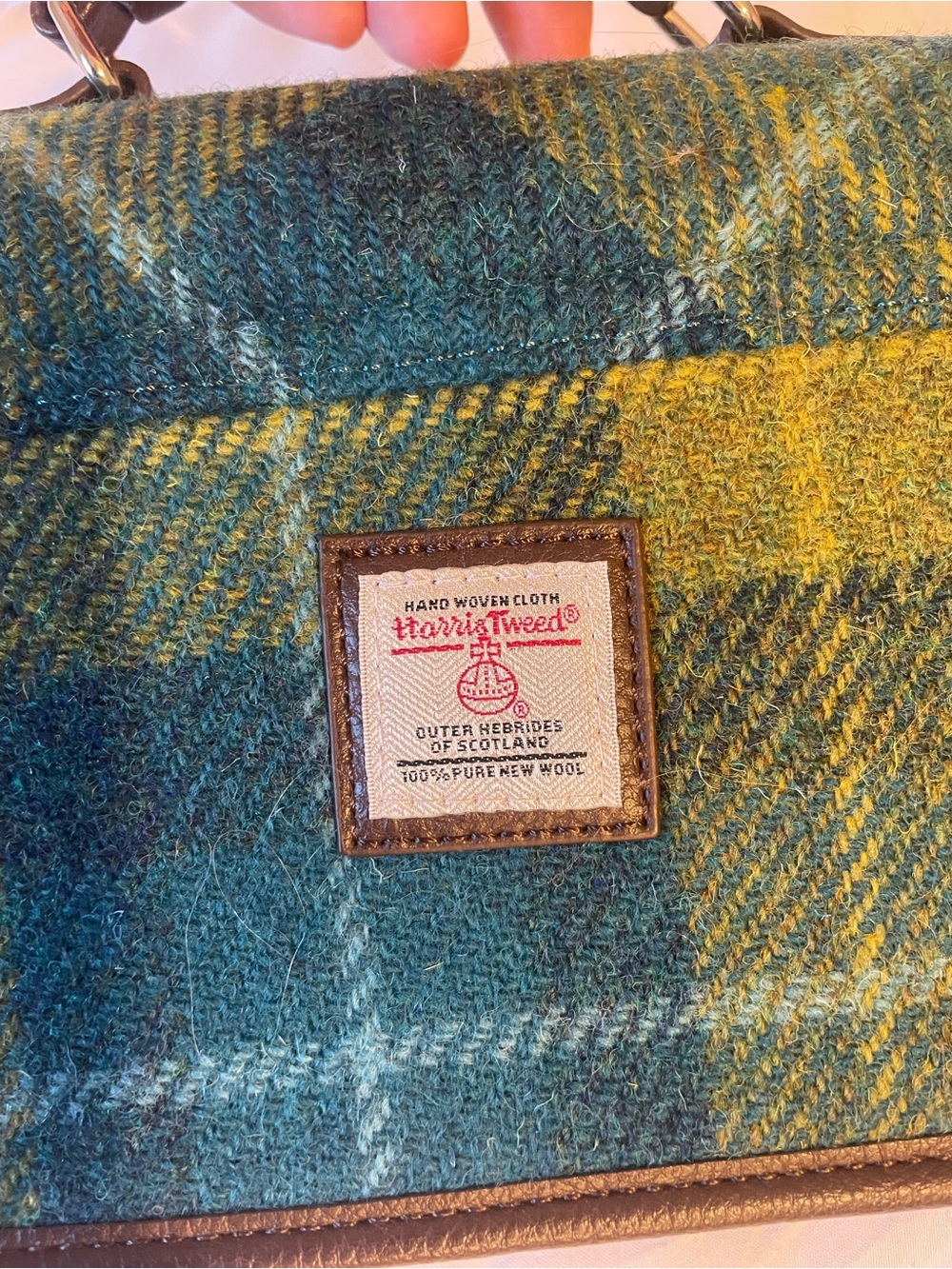Plaid Wool-Blend Messenger Bag in Teal and Olive with Brown Trim - Picture 3 of 6